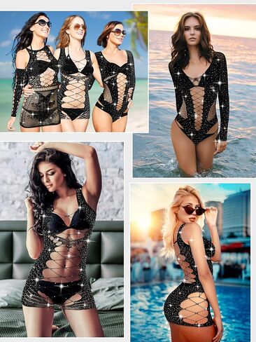3 مجموعات من ملابس داخلية نسائية شبكية من شبكة صيد السمك ملابس داخلية شبكية بأكمام طويلة من قطعة واحدة ملابس داخلية للزوجين ملابس نوم للمواعدة، أسود in Saudi Arabia