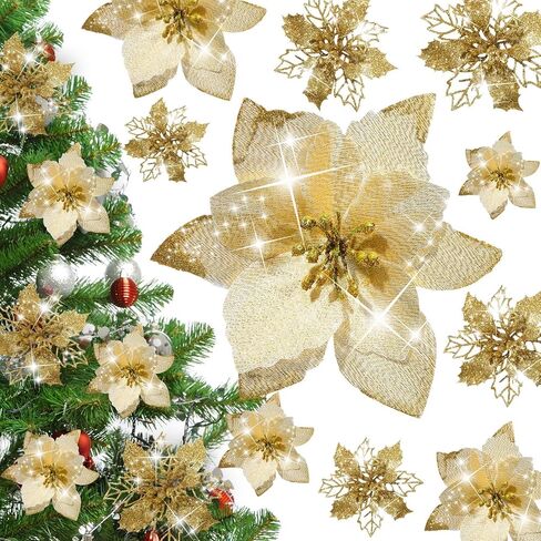 Crowye 30 Pieces 2 Styles Christmas Glitter Poinsettia Flowers Artificial Christmas Flowers Faux Xmas Poinsettia Christmas Tree Ornaments for Xmas Holiday Wedding Wreath Decor (Gold) in Saudi Arabia