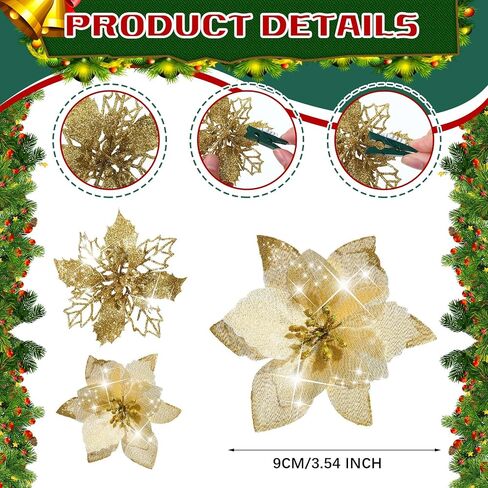 Crowye 30 Pieces 2 Styles Christmas Glitter Poinsettia Flowers Artificial Christmas Flowers Faux Xmas Poinsettia Christmas Tree Ornaments for Xmas Holiday Wedding Wreath Decor (Gold) in Saudi Arabia