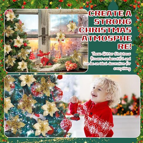Crowye 30 Pieces 2 Styles Christmas Glitter Poinsettia Flowers Artificial Christmas Flowers Faux Xmas Poinsettia Christmas Tree Ornaments for Xmas Holiday Wedding Wreath Decor (Gold) in Saudi Arabia