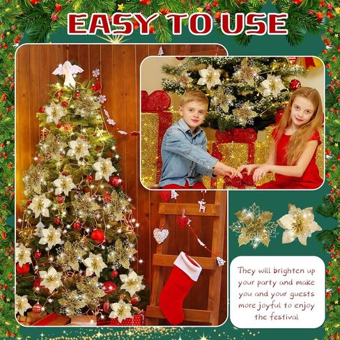 Crowye 30 Pieces 2 Styles Christmas Glitter Poinsettia Flowers Artificial Christmas Flowers Faux Xmas Poinsettia Christmas Tree Ornaments for Xmas Holiday Wedding Wreath Decor (Gold) in Saudi Arabia