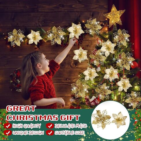Crowye 30 Pieces 2 Styles Christmas Glitter Poinsettia Flowers Artificial Christmas Flowers Faux Xmas Poinsettia Christmas Tree Ornaments for Xmas Holiday Wedding Wreath Decor (Gold) in Saudi Arabia