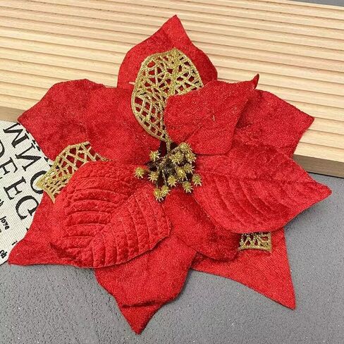 YYCRAFT 12pcs Silk Shinning Sprakled Glitter Poinsettia Artificial Flower for Xmas Tree Christmas Decorations(Cream/Gold,8 Inch) in Kuwait