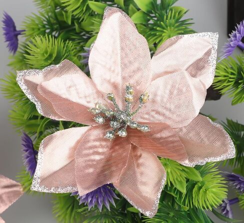 YYCRAFT 12pcs Silk Shinning Sprakled Glitter Poinsettia Artificial Flower for Xmas Tree Christmas Decorations(Cream/Gold,8 Inch) in Kuwait