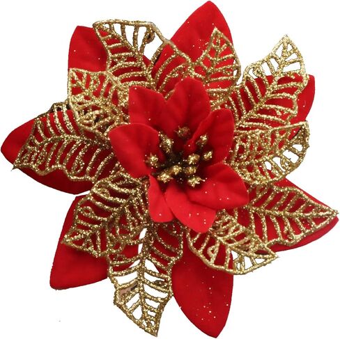 YYCRAFT 12pcs Silk Shinning Sprakled Glitter Poinsettia Artificial Flower for Xmas Tree Christmas Decorations(Cream/Gold,8 Inch) in Kuwait