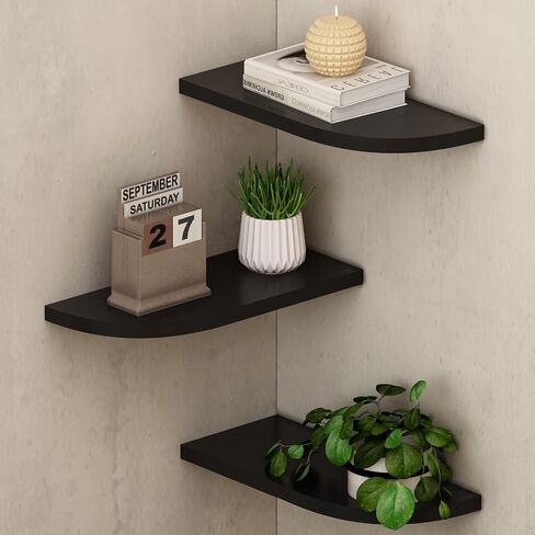 WELLAND Floating Corner Shelves Wall Mounted Display Shelf Set of 3 for Bathroom, Bedroom, Living Room, Kitchen, Office and More(Black) in Kuwait