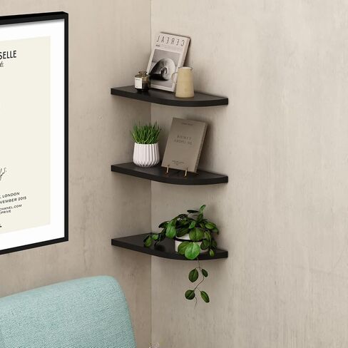 WELLAND Floating Corner Shelves Wall Mounted Display Shelf Set of 3 for Bathroom, Bedroom, Living Room, Kitchen, Office and More(Black) in Kuwait
