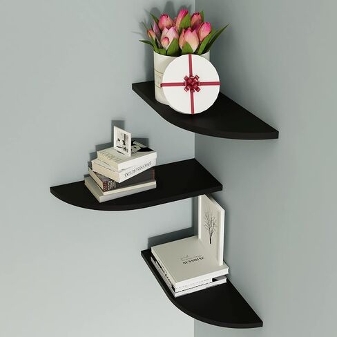 WELLAND Floating Corner Shelves Wall Mounted Display Shelf Set of 3 for Bathroom, Bedroom, Living Room, Kitchen, Office and More(Black) in Kuwait