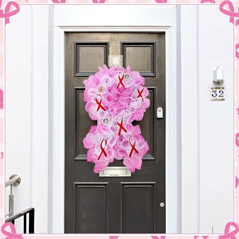 Hotop 15.7 Inch Breast Cancer Awareness Wreath Pink White Door Hanging Wreath Breast Cancer Awareness Front Door Hanging Decoration for Indoor Outdoor Survivor Party Supply Gift Home Wall Decor in Saudi Arabia