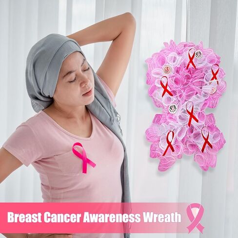 Hotop 15.7 Inch Breast Cancer Awareness Wreath Pink White Door Hanging Wreath Breast Cancer Awareness Front Door Hanging Decoration for Indoor Outdoor Survivor Party Supply Gift Home Wall Decor in Saudi Arabia