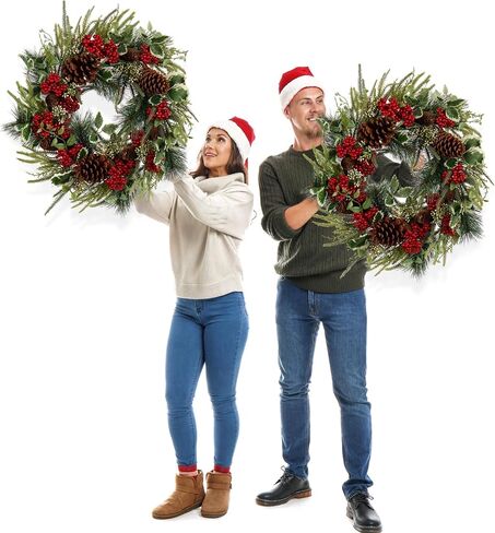 Gold & Champagne Christmas Wreath 22-Inch- Artificial Holiday Wreath with Holly, Eucalyptus, Berries for Front Door & Home Decor - Luxury Indoor/Outdoor Winter Decoration in Kuwait