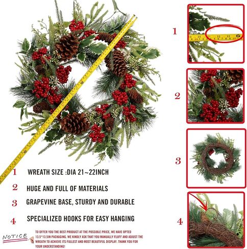 Gold & Champagne Christmas Wreath 22-Inch- Artificial Holiday Wreath with Holly, Eucalyptus, Berries for Front Door & Home Decor - Luxury Indoor/Outdoor Winter Decoration in Kuwait