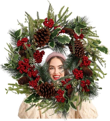 Gold & Champagne Christmas Wreath 22-Inch- Artificial Holiday Wreath with Holly, Eucalyptus, Berries for Front Door & Home Decor - Luxury Indoor/Outdoor Winter Decoration in Kuwait
