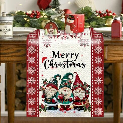Christmas Decorations Table Runner, 13*90In Long Christmas Table Runner with Watercolor Gnomes Santa Claus White Snowflakes Winter Xmas Table Decor for Indoor Home Christmas Centerpiece Table Decor in Saudi Arabia