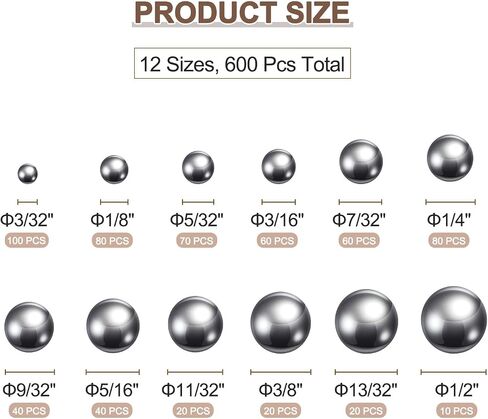 uxcell 600pcs G200 Precision Balls Assortment Kit 3/32"- 1/2" 12 Sizes 304 Stainless Steel Solid Bearing Balls in Saudi Arabia