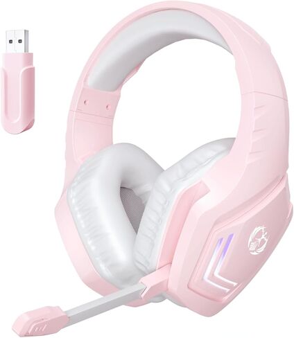 Pink Gaming Headset Wireless with Mic, Stereo Surround Sound, Upgraded 2.4G Wireless Over the Ear Headphones with Microphone, Soft Ear Pads, White LED Light, Noise Isolating for Girls, Teens, Women in Saudi Arabia