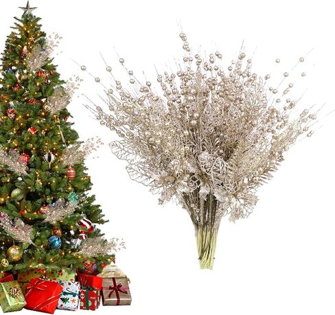 28 Pack Christmas Tree Picks and Sprays, Champagne Artificial Glitter Berry Stems Branches Picks Twigs Christmas Ornaments for Xmas Tree Tall Vase Filler Home Holiday Wedding Party Decor in Saudi Arabia