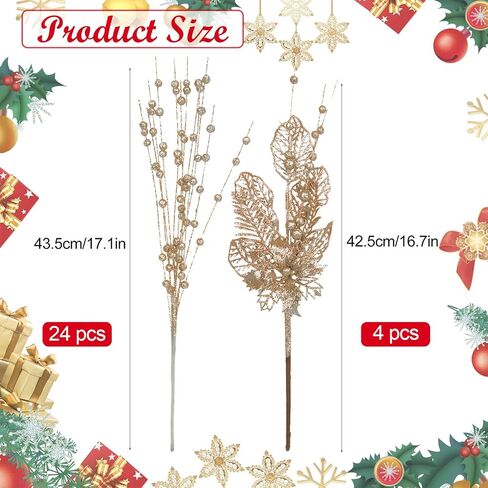 28 Pack Christmas Tree Picks and Sprays, Champagne Artificial Glitter Berry Stems Branches Picks Twigs Christmas Ornaments for Xmas Tree Tall Vase Filler Home Holiday Wedding Party Decor in Saudi Arabia