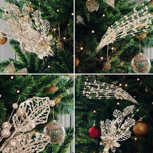 28 Pack Christmas Tree Picks and Sprays, Champagne Artificial Glitter Berry Stems Branches Picks Twigs Christmas Ornaments for Xmas Tree Tall Vase Filler Home Holiday Wedding Party Decor in Saudi Arabia