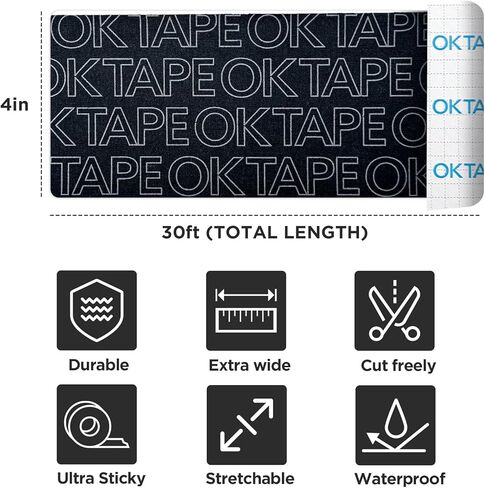 شريط كرة القدم OK TAPE Turf، شريط علم الحركة عريض للغاية، شريط رياضي، شريط رياضي مقاوم للماء (أسود) 4 بوصات × 21 قدم in Kuwait