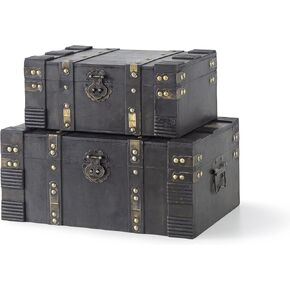 Soul & Lane Wooden Boxes with Hinged Lids - Set of 2, Decorative Trunks for Storage and Home Decor, Dark Brown Antique Wood Treasure Chests for Keepsakes