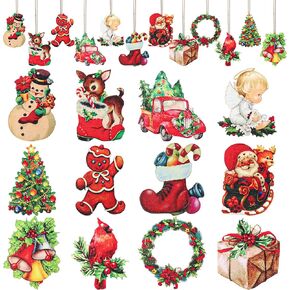 36 PCS Christmas Hanging Ornaments Christmas Vintage Wood Cutouts Santa Snowman Xmas Tree Wooden Ornaments Tags Holiday Wood Slices with Rope for Winter Christmas Tree Home Farmhouse Party Decor