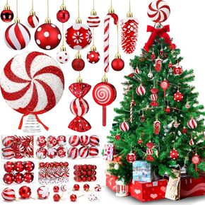 82 Pcs Christmas Candy Tree Ornaments Set Cane Lollipop Ornaments Assorted Red White Plastic Christmas Ornaments Pre-Tied Christmas Balls Glitter Hanging Ornament for Home Christmas Party in Kuwait