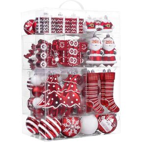 Valery Madelyn Christmas Tree Ornaments Set, 155ct Red and White Shatterproof Christmas Tree Decorations Bulk, Variety Traditional Decorative Hanging Ball Ornaments for Xmas Trees Holiday Party Decor
