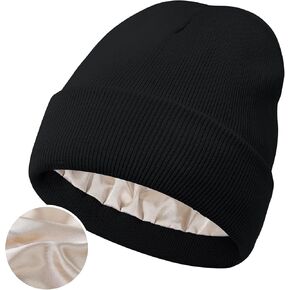 Satin Lined Winter Beanie Hats for Women Knit Beanie Hat Slouchy Skull Caps Silk Lining Unisex Hats