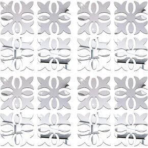 funlife 16PCS Turkish Flower Pattern Hollow Self Adhesive Wall Mirror Stickers, Non Glass Small Acrylic Mirror for Home Cabinet Wall Decor, 7.87" X 7.87" Silver