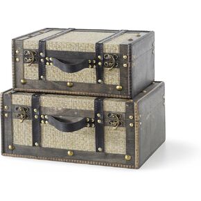 Soul & Lane Wood Decorative Suitcase Storage Boxes, Vintage Keepsake Memory Trunks - Set of 2, Antique Luggage Set, Wooden Nesting Treasure Chests