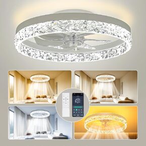 Low Profile Ceiling Fans with Lights and Remote, 20 inches LED Ceiling Fan Flush Mount with Ambient Backlight, Dimmable & 6 Fan Speeds, White Modern Fan Light Ceiling Fixtures for Bedroom/Living Room