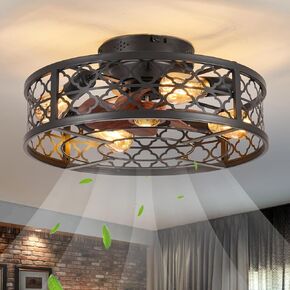 20" Caged Ceiling Fan with Light,Vintage Rustic Farmhouse Kitchen Decor,Bladeless Ceiling Fans with Lights and Remote,Low Profile Fan for Bedroom,Reversible 6 Speeds Motor,4 E26 Bulbs Included