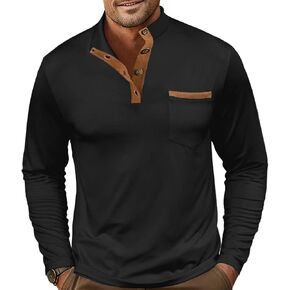 Men's Stand Collar Henley Shirts Long Sleeve Basic Pullover Shirt Casual Athletic Button Tees with Pockets Black