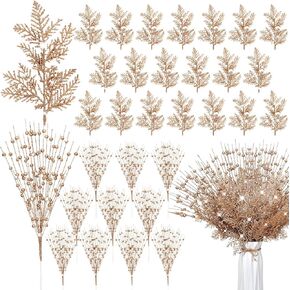 50 Pcs Christmas Glitter Berries Stems Champagne Gold Xmas Artificial Pine Needles 17 Inches Christmas Artificial Picks Fake Branches Twigs Bead Stick for Tree DIY Craft Wreath Vase Fireplace