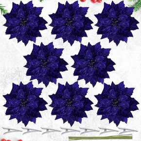 7 Pcs Christmas Poinsettia Decorations Artificial Christmas Flowers with Clips and Stems Blue Flowers for Christmas Tree DIY Wreaths Ornament Xmas Wedding Party, 9.8 Inch