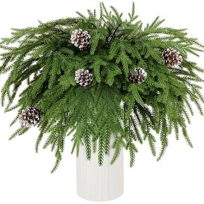 17PCS Christmas Norfolk Pine Branches Decor 18.7inch with Artificial Pine Cone Greenery Xmas Wreath Garland Home Decor