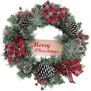 "Fraser Hill Farm 24"" Christmas Frosted Wreath Door Hanging with Pinecones, Berries, and Plaid Bows, FF024CHWR006-0RD", red
