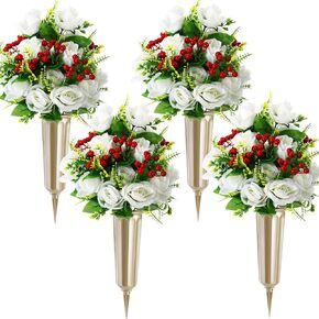 Tigeen 4 Sets Christmas Artificial Cemetery Flowers for Grave Rose Bouquet 8 Bunches Silk Cemetery Flower Decoration with Grave Vase for Funeral Flowers Outdoor Graveside Tombstone(Gold, White)