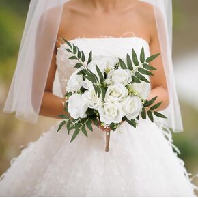 Vlovelife Wedding Bouquet for Bride, 9 x 9 x 13 Inch Flower Bouquet for Wedding Decorations, Artificial Rose Flower with Leaves, Bridal Bouquets for Wedding Favors (White)