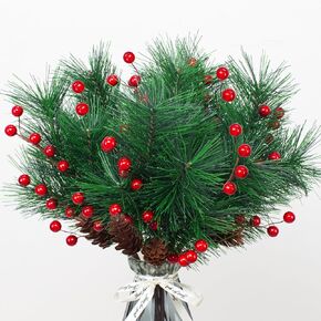 6 Pack Christmas Berries Pine Picks Artificial Flowers whit Red Berry Pine Branches Long Faux Pine Stem with Pinecones Christmas Tree Wreath DIY Craft Floral Arrangement Holiday Season Xmas Decor