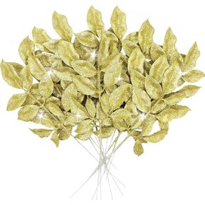 16 Pcs Christmas Picks and Sprays Set, 14" Glitter Leaves Stems Xmas Picks Decorations, Christmas Tree Sticks Filler Ornaments, Party Wreath DIY Crafts Indoor Decor (Champagne Gold)