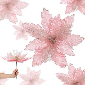 6 Pcs 18 Inch Large Pink Christmas Poinsettia Flowers Jumbo Rose Gold Xmas Ornaments Pink Christmas Tree Decorations Rose Gold Glitter Poinsettia for Wreath Garland Indoor Outdoor Decor
