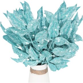 12Pcs Glitter Leaf Sprays Christmas Tree Picks Ornaments 14" Fake Plants Sparkling Artificial Branches Leaves for Christmas Tree Filler DIY Crafts Floral Arrangements Winter Holiday Décor (White)