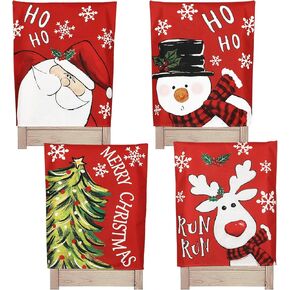 4 Pcs Christmas Dining Chair Covers, Red White Trees Snowman Santa Deer Stretch Removable Washable Slipcover Chair Protector for Dining Room Home Decor
