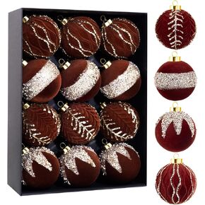 Nervure 12PCS White Velvet Christmas Ornaments - Beige Christmas Balls Ornaments - 80mm Glitter Christmas Tree Decoration with a Delicate Black Gift Box for Christmas, Parties, Decorations