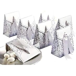 JZK 50 Silver Wedding Favour Box Paper Small Gift Box for Wedding Birthday Baby Shower Christening Graduation Christmas Party Sweets Confetti Box