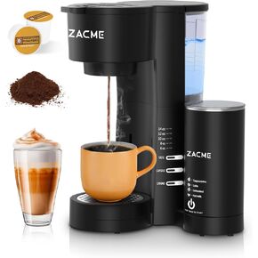 ZACME 4IN1 Single Serve Coffee Maker for K Cup & Ground, Small Coffee Machine with Milk Frother & Grinder, 5 Brew Size, 28oz Water Tank, Adjustable Drip Tray, Descaling Function, for Latte Cappuccino