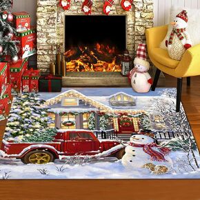 Christmas Snowman Area Rug 2'x3' for Bedroom Nursery Room Happy New Yeat Farmhouse Red Truck Snowflake Xmas Tree Rectangular Area Rugs Non-Slip Rug Washable Indoor Carpets for Dorm Office