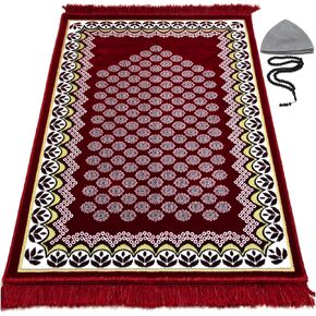 Modefa Turkish Islamic Velvet Prayer Rug - Thin & Lightweight Praying Carpet - Muslim Janamaz Sajadah for Men & Women - Ramadan or Eid Gift - Kufi Cap & Beads - Floral Daisy Arch (Navy Blue)